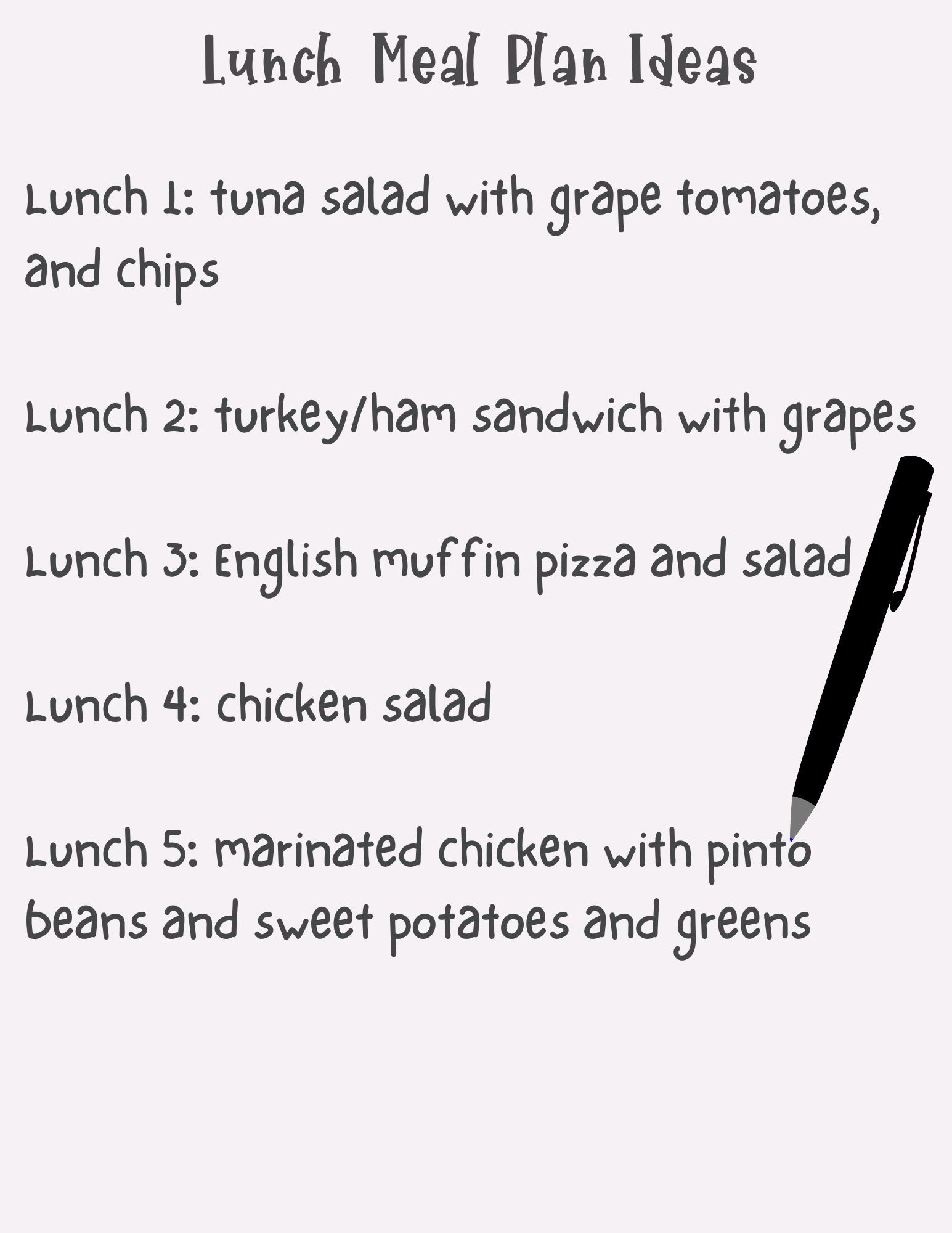 lazy girl lunch meal plan ideas on light purple paper