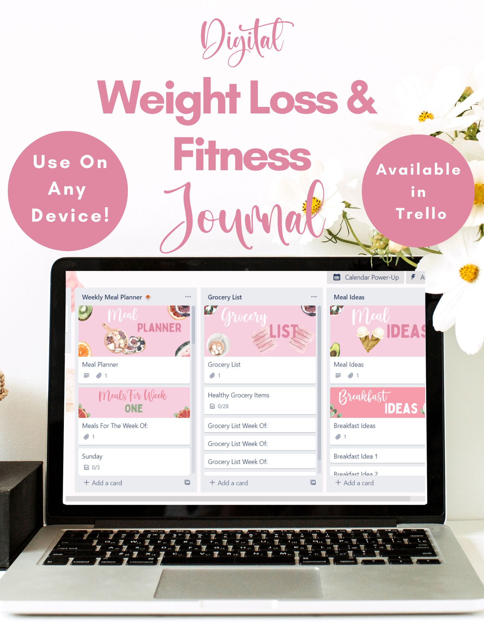 Pink and white weight loss journal and planner in Trello