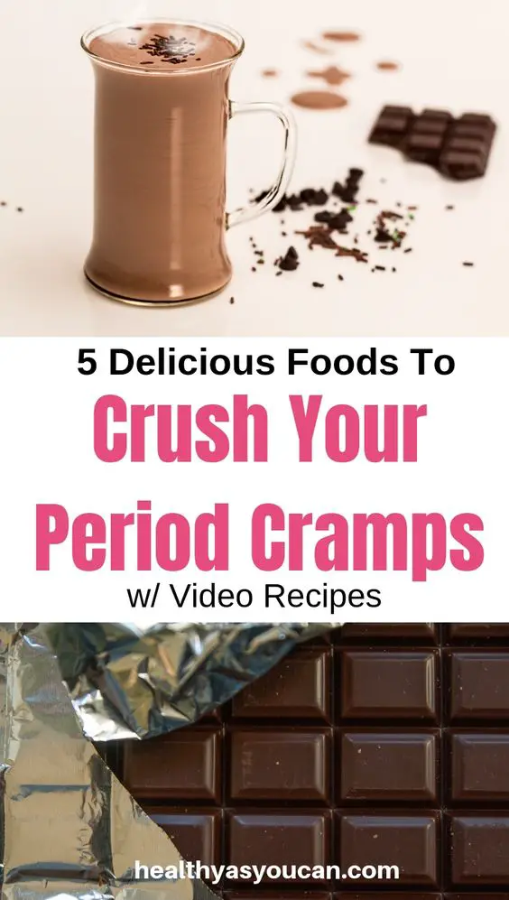 pink letters foods to crush period cramps hot chocolate and chocolate bar 