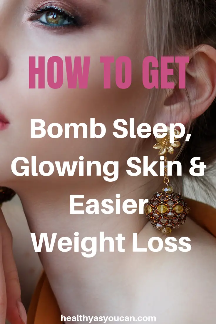 This is a picture of a woman with beautiful skin and a text overlay that says how to get bomb sleep, glowing skin and easier weight loss. with collagen supplements 