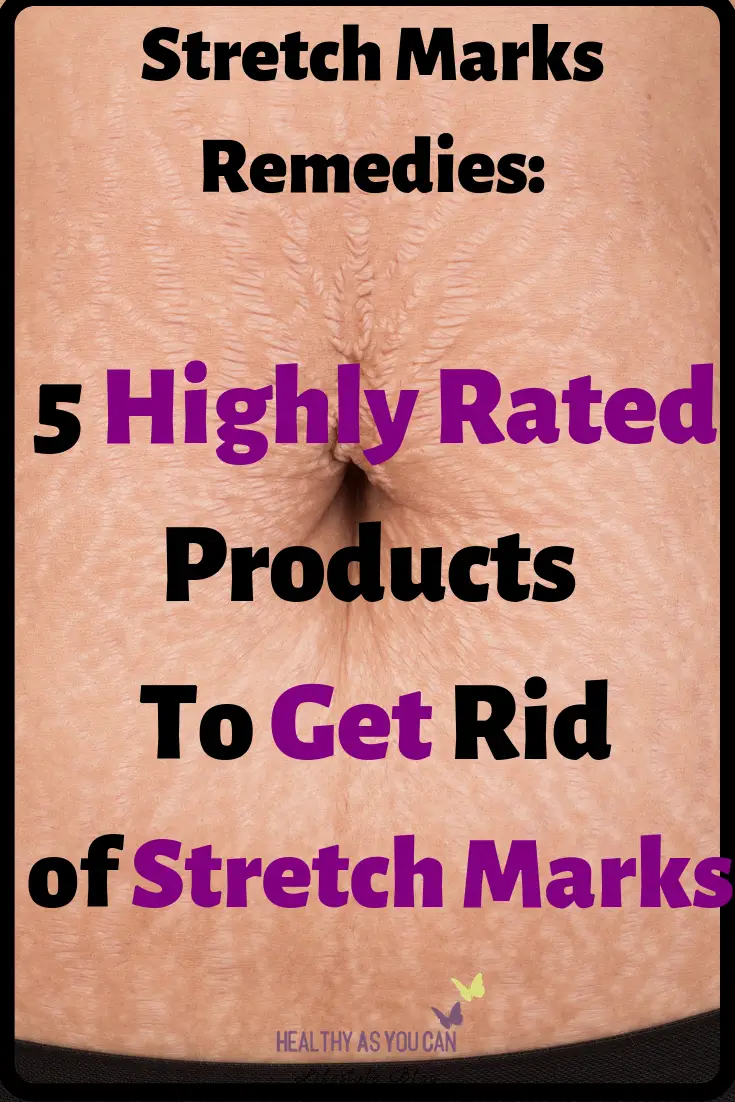 woman with stretch marks on stomach black and purple letters stretch mark products