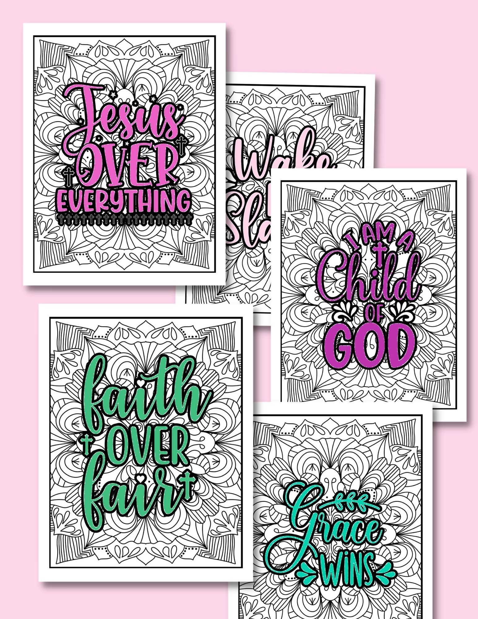 5 Christian coloring sheet graphics over a pink background 