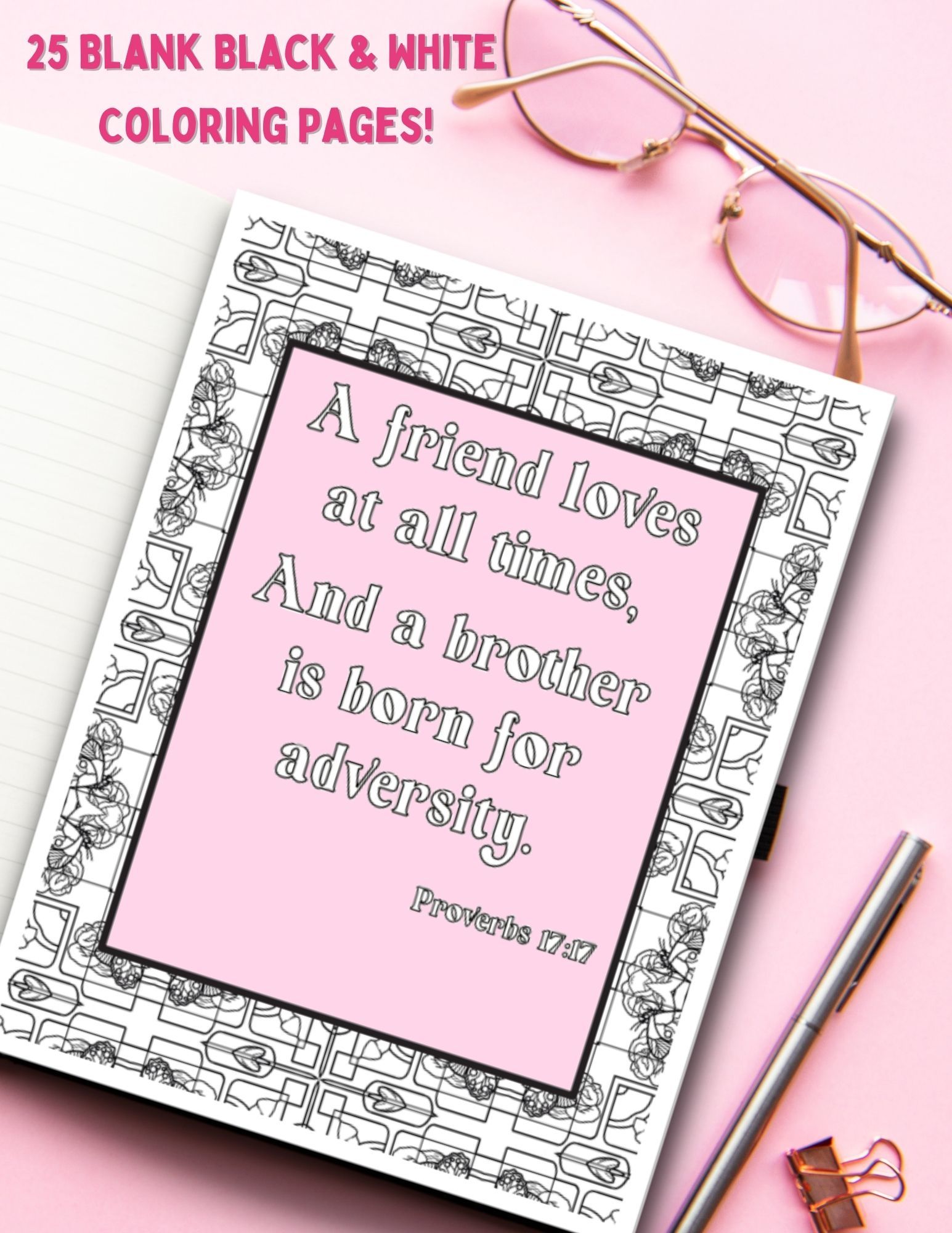 Lettering: 25 blank black and white coloring pages ; coloring sheet graphics in pink; pink background with glasses and pen 