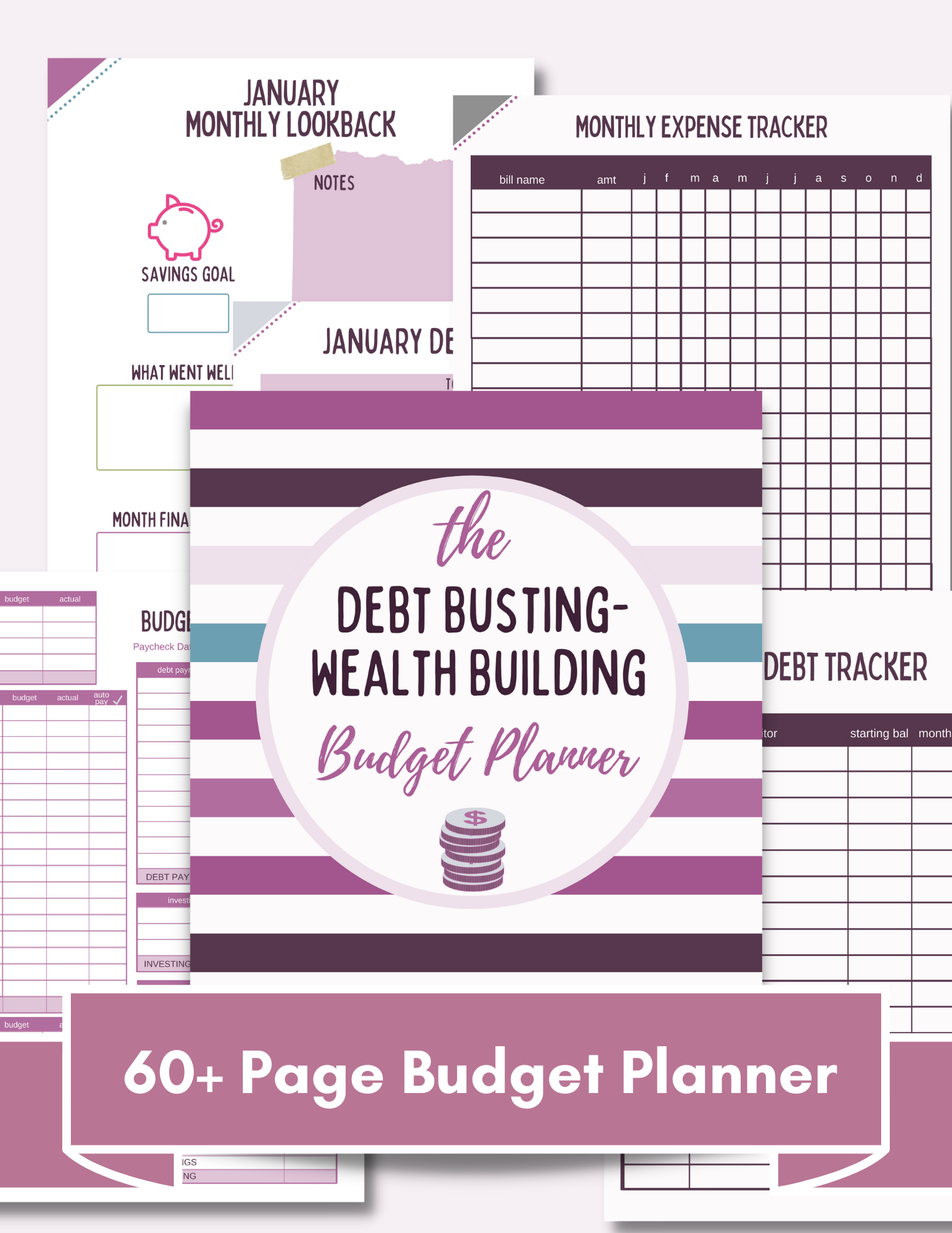 budget planner mockup: light purple and dark purple planner sheets on a light pink background