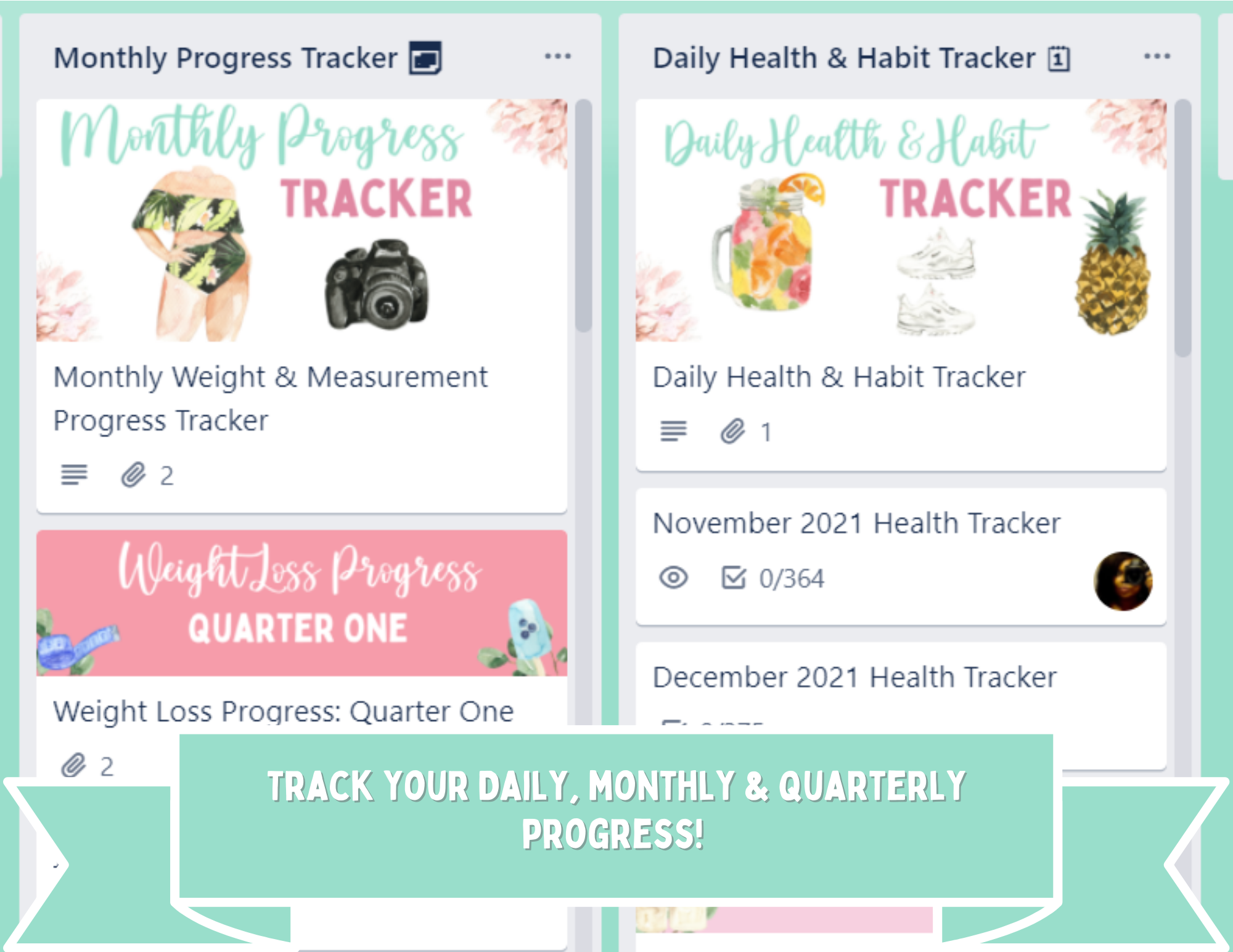pink, green, and white fitness journal board; monthly progress tracker and daily checklist 