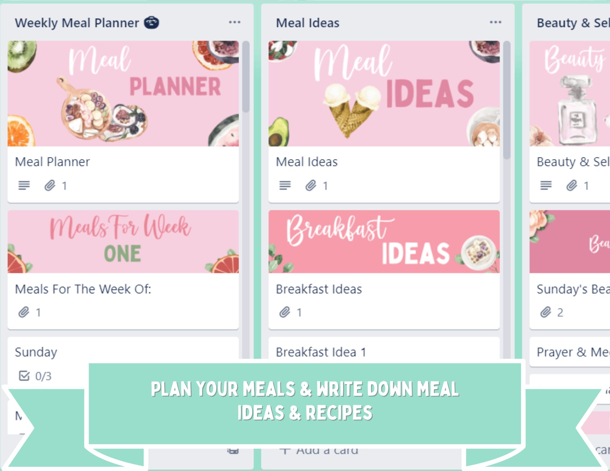 pink, green, and white fitness journal board; meal planner and meal ideas section