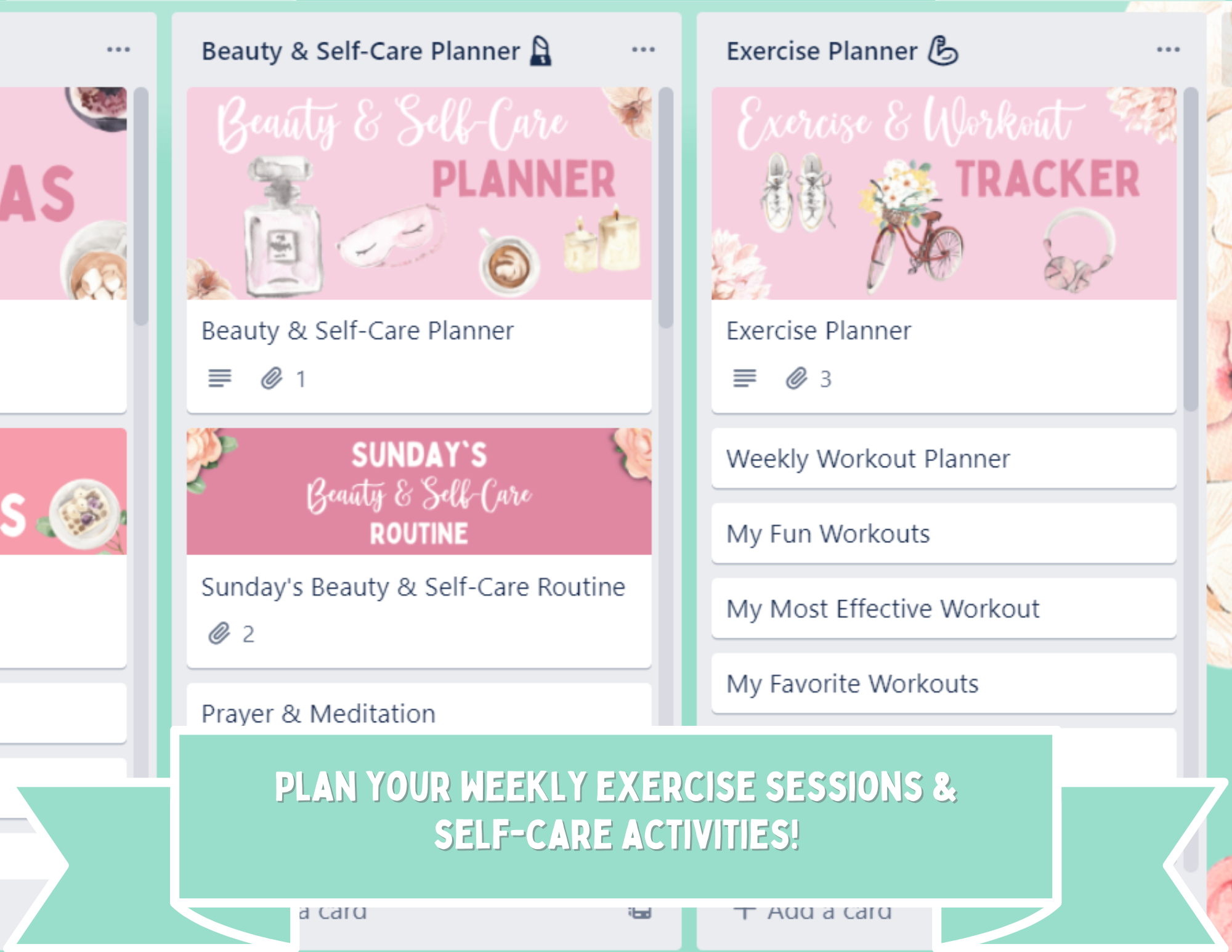 pink, green, and white fitness journal board; exercise and self care planners