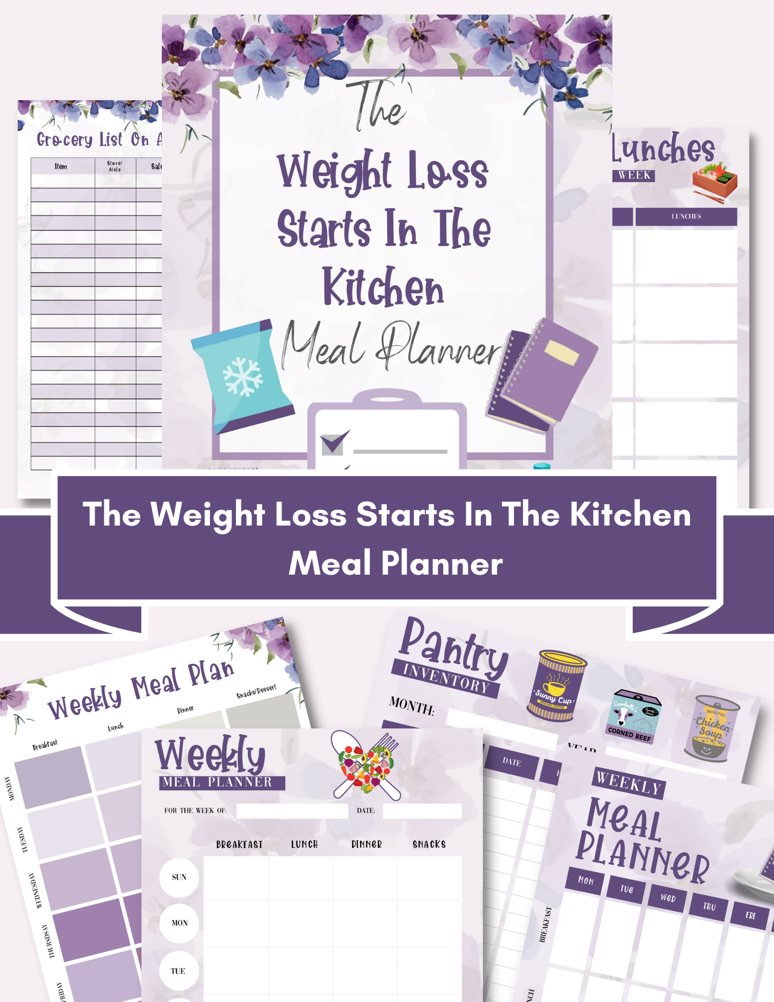 purple, blue, and white meal planner mockup