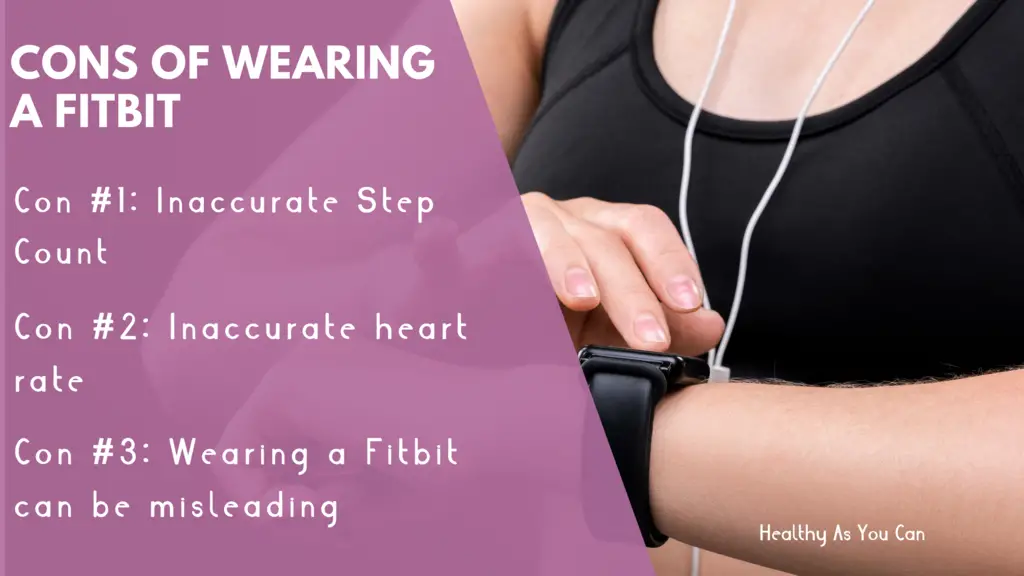purple overlay white lettering cons of a fitbit woman in black shirt looking at fitbit