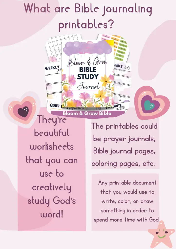 light purple background with pink shapes what ae Bible journaling printables picturee of a BIble journal printable with definitions 