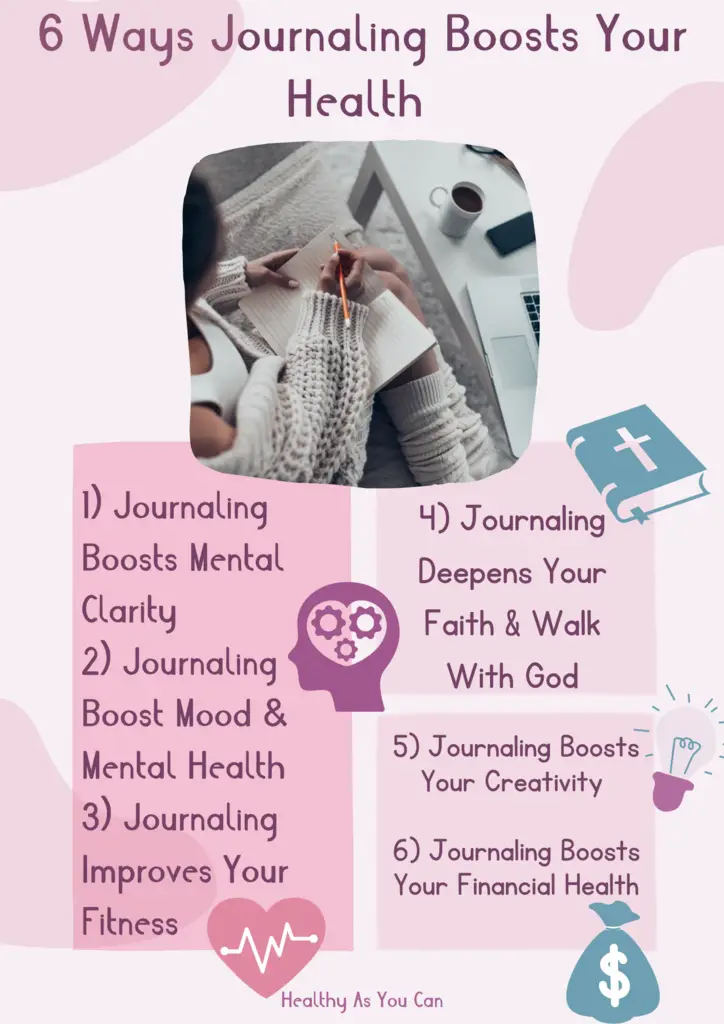 light purple and pink background woman in white sweater writing on couch six ways journaling improves your health 