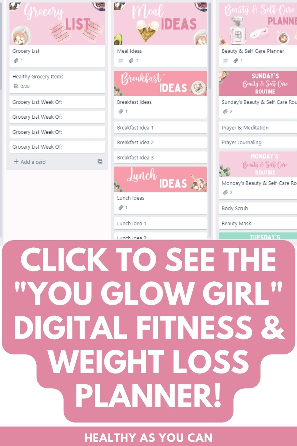 Trello weight loss planner pink and white letters 