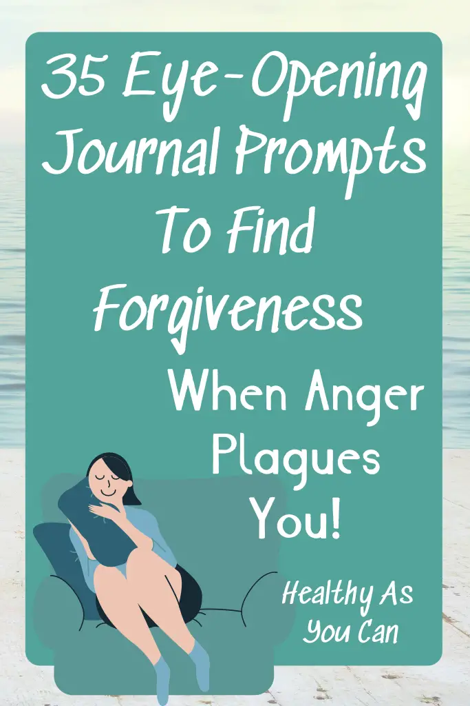 teal overlay white lettering journal prompts for forgiveness woman sitting on blue couch 