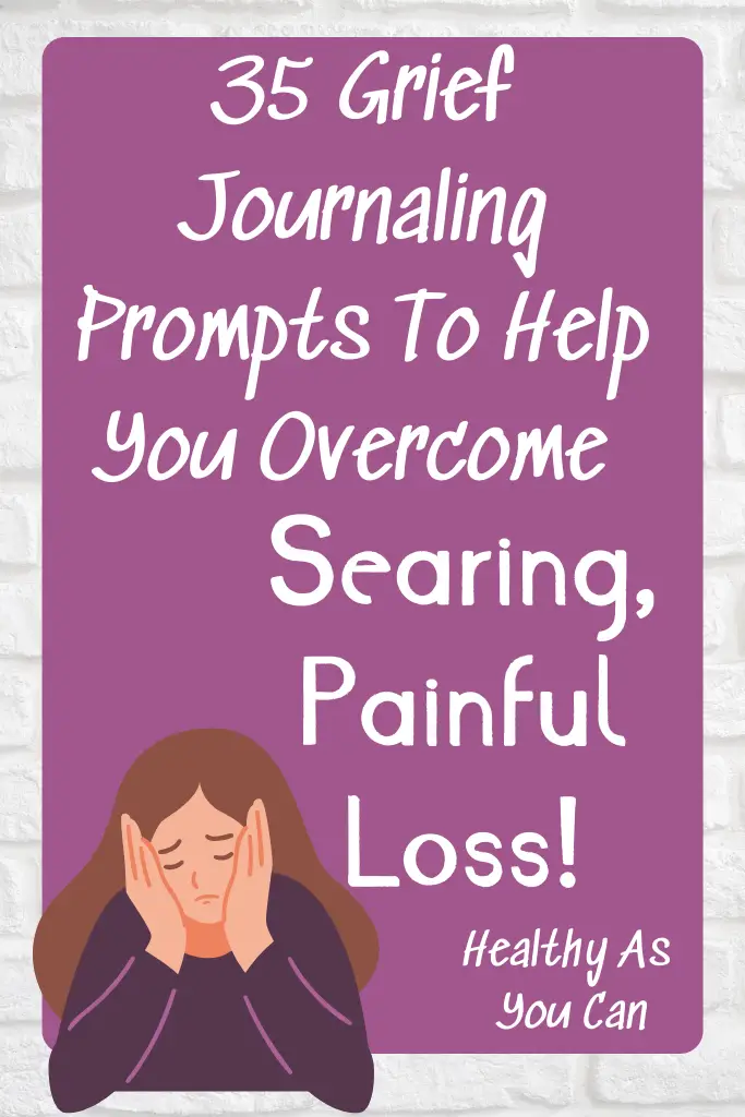 purple overlay white letters grief journaling prompts woman with face in hands