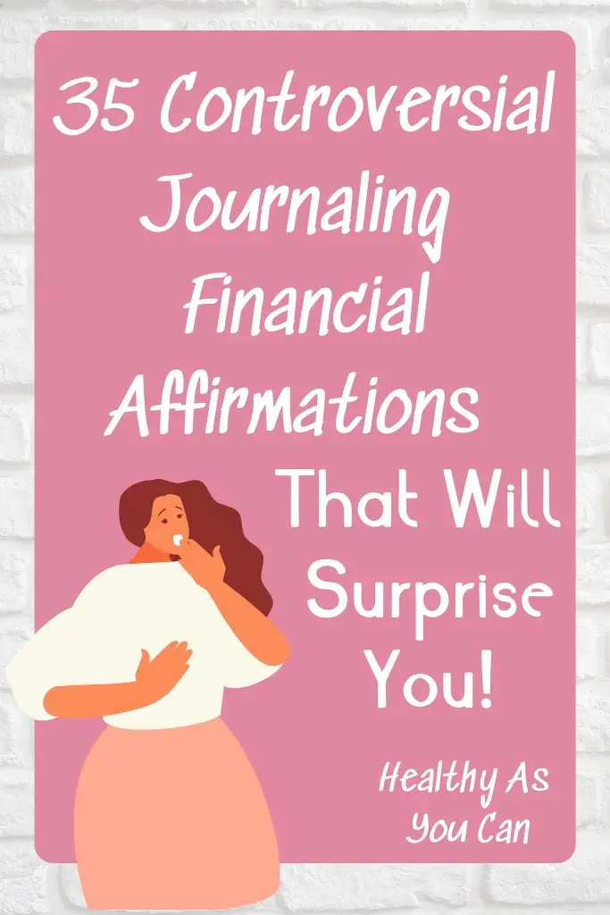 pink background white letters journaling affirmations for finances woman graphic with hand over mouth 