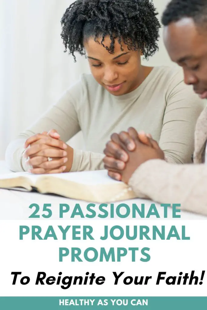 teal letters prayer prompts for journal woman and man reading bible praying 