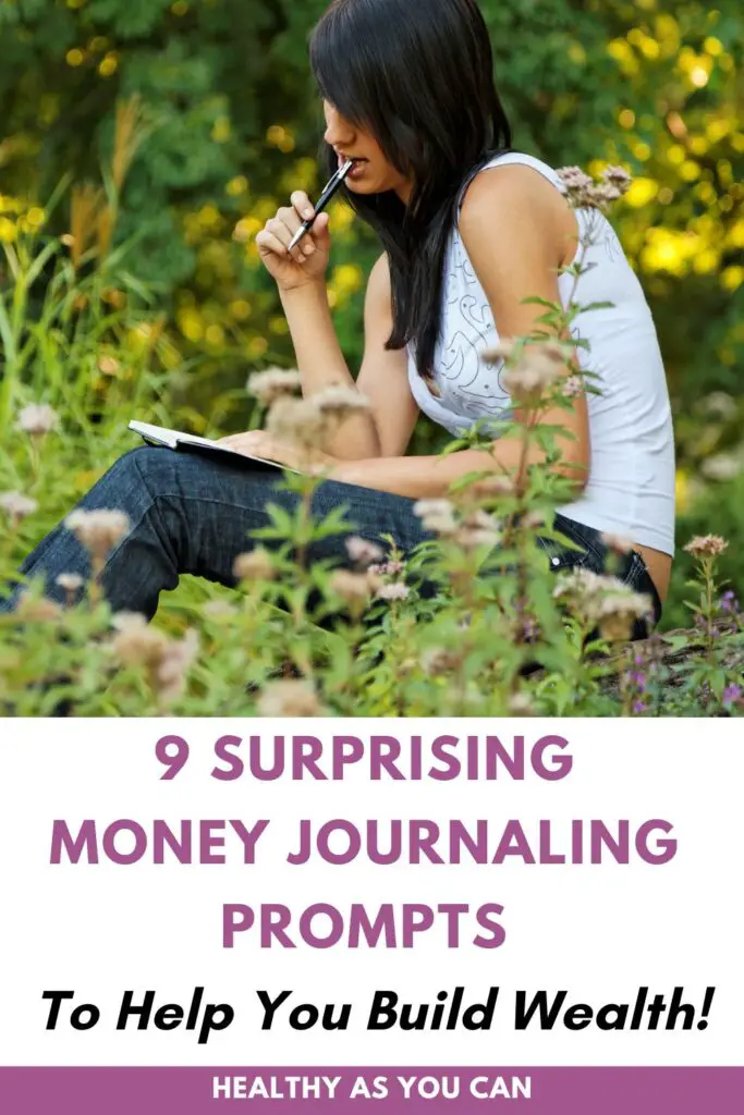 purple letters money journaling prompts woman outside writing 