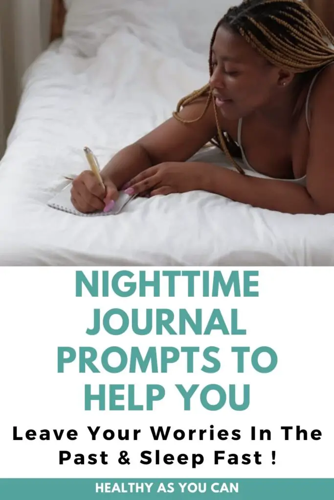 teal letters woman on bed writing nighttime journal prompts 