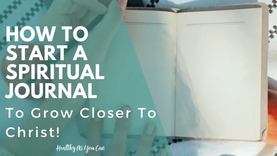 how to start a spiritual journal in white letters teal overlay journal open on bed