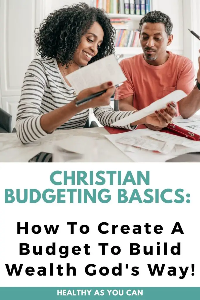teal letters christian budgeting basics couple looking over their budget