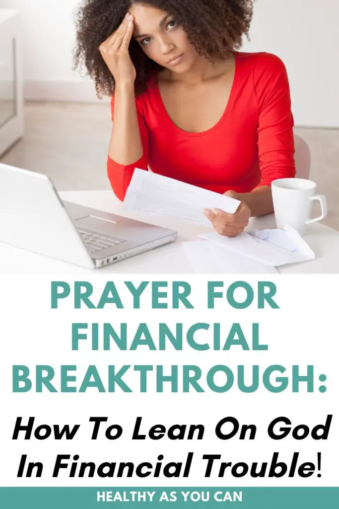 teal letters prayer for financial breakthrough woman looking at her bills
