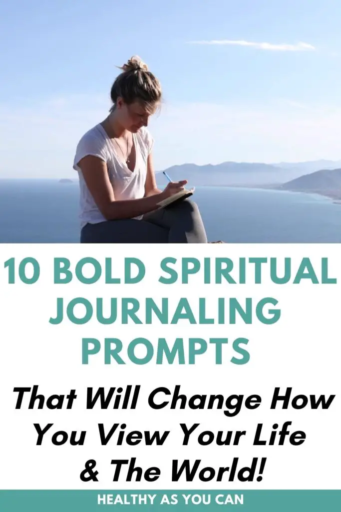 teal letters spiritual journaling prompts woman writing in mountains 