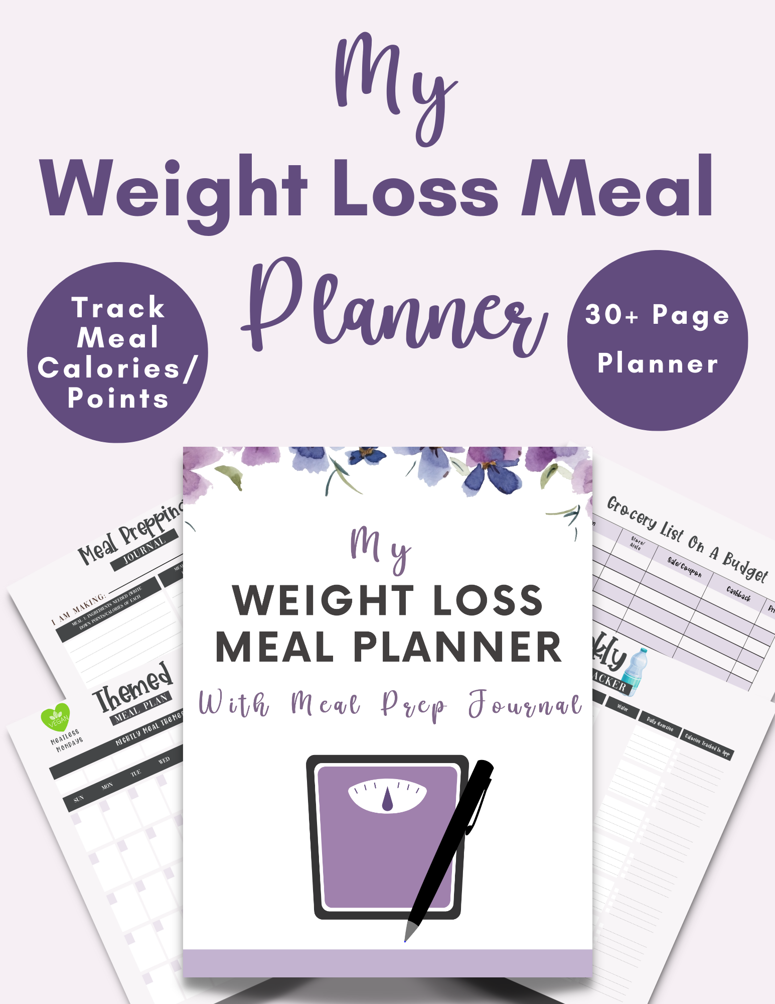 purple and white weight loss meal planner mockup
