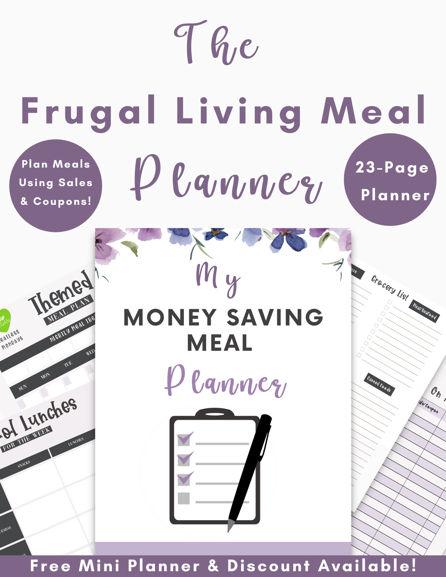 purple and white frugal living meal planner