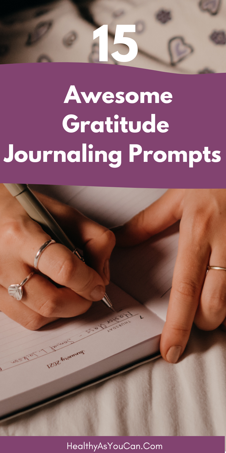purple box and white letters gratitude journaling prompts woman writing in journal