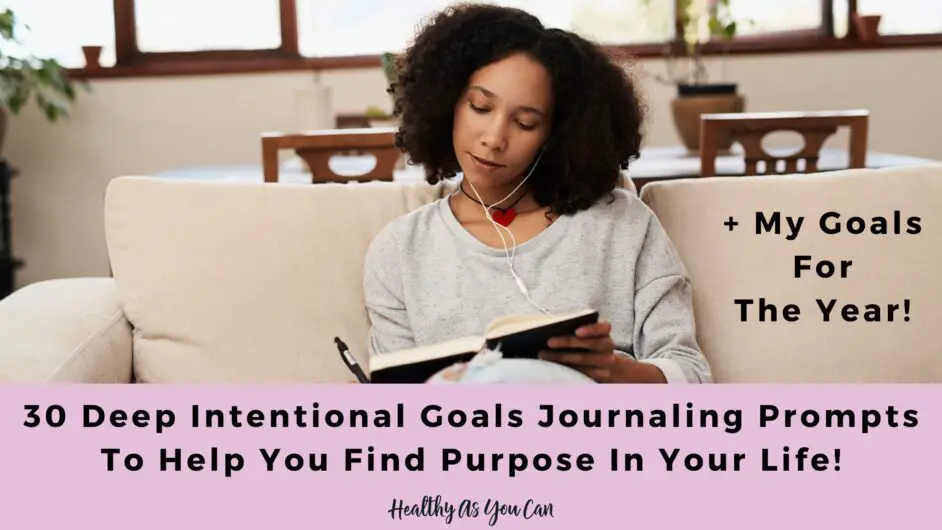 intentional journal prompts in black letters overlay purple rectangle woman in background
