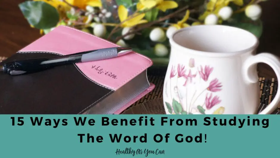teal rectangle benefits of studying the Bible in black letters purple Bible in back