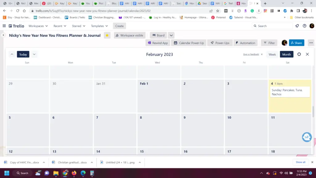 calendar view in Trello for meal planner