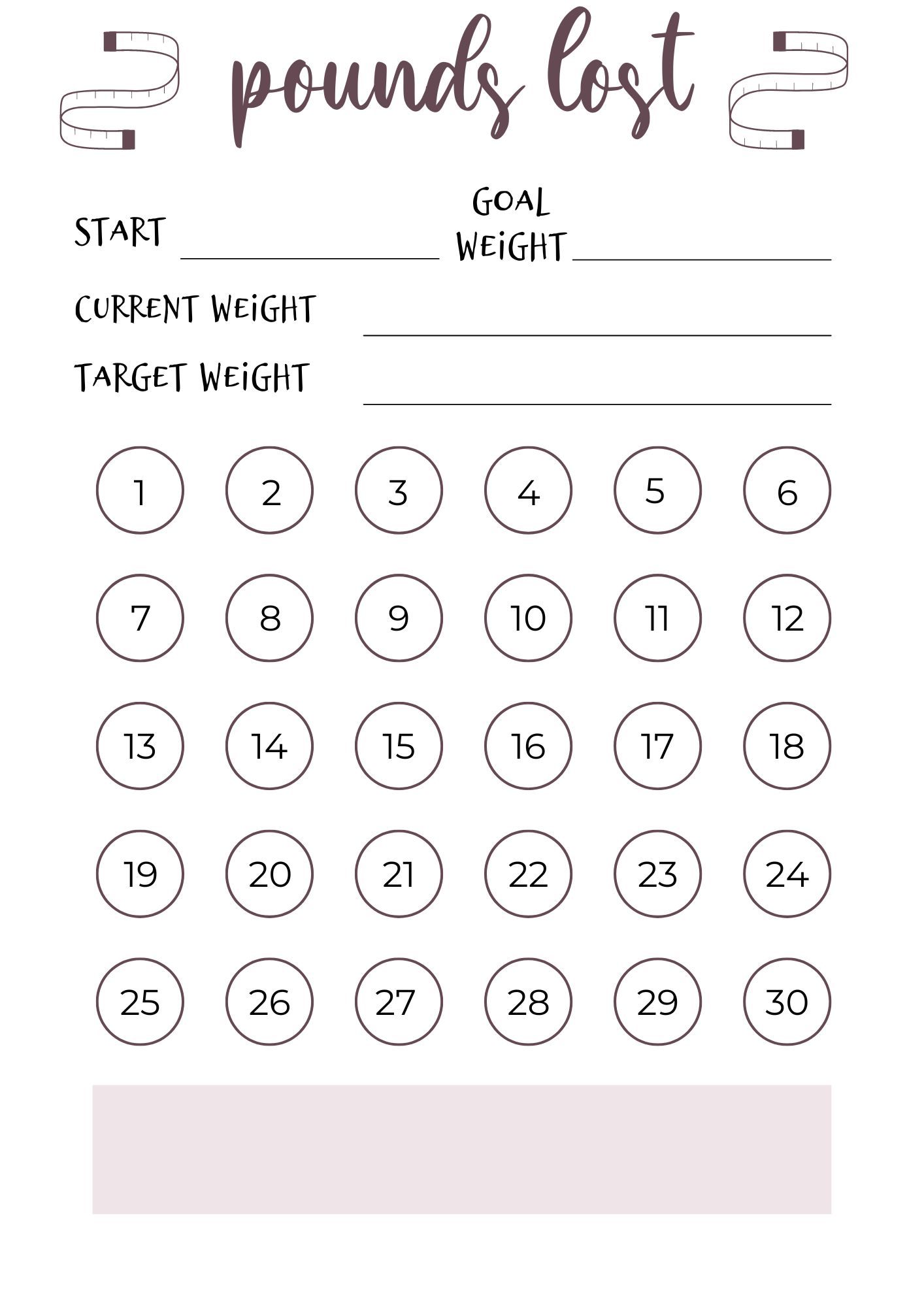 weight loss tracker with purple circles and purple measuring tape