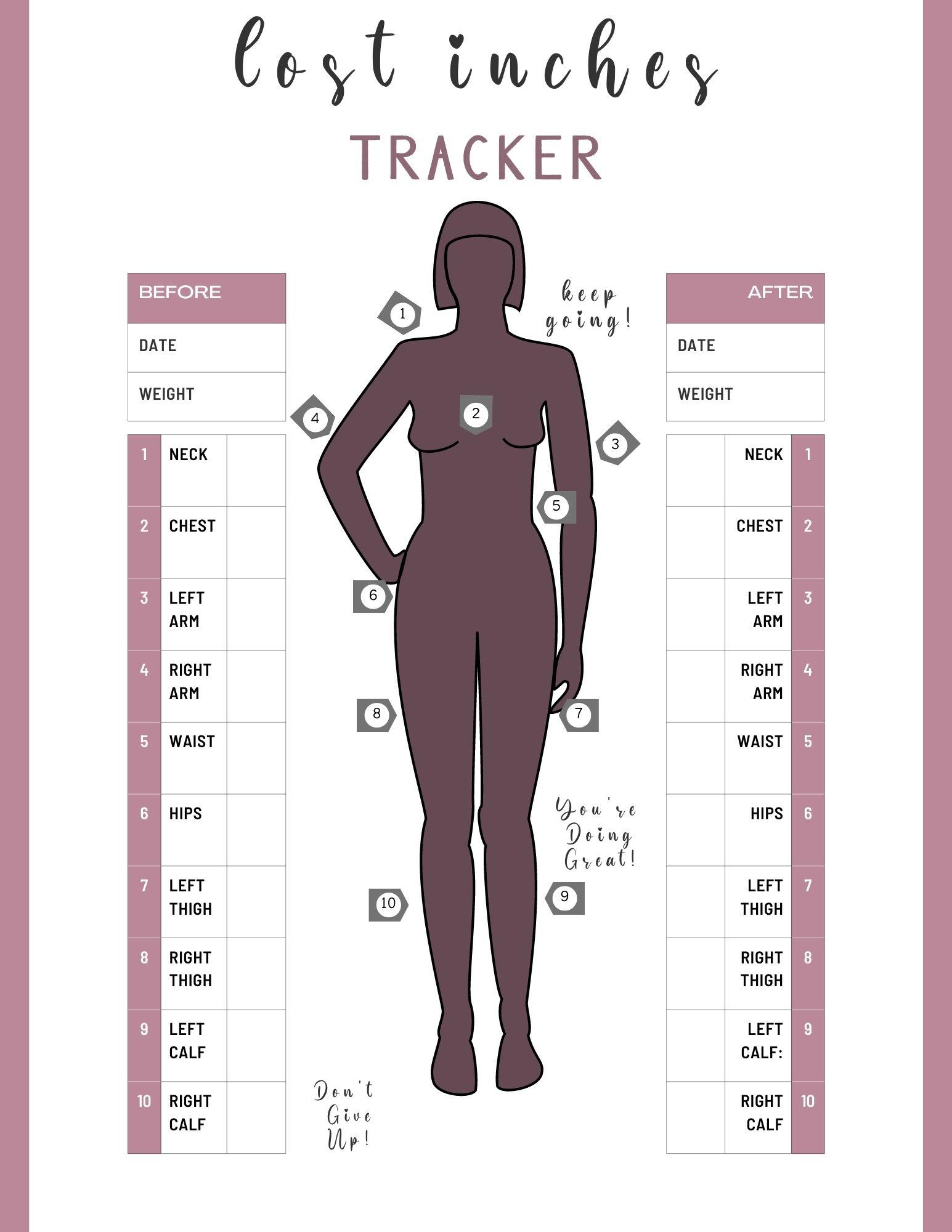 lost inches tracker with a purple female silhouette and measurements 