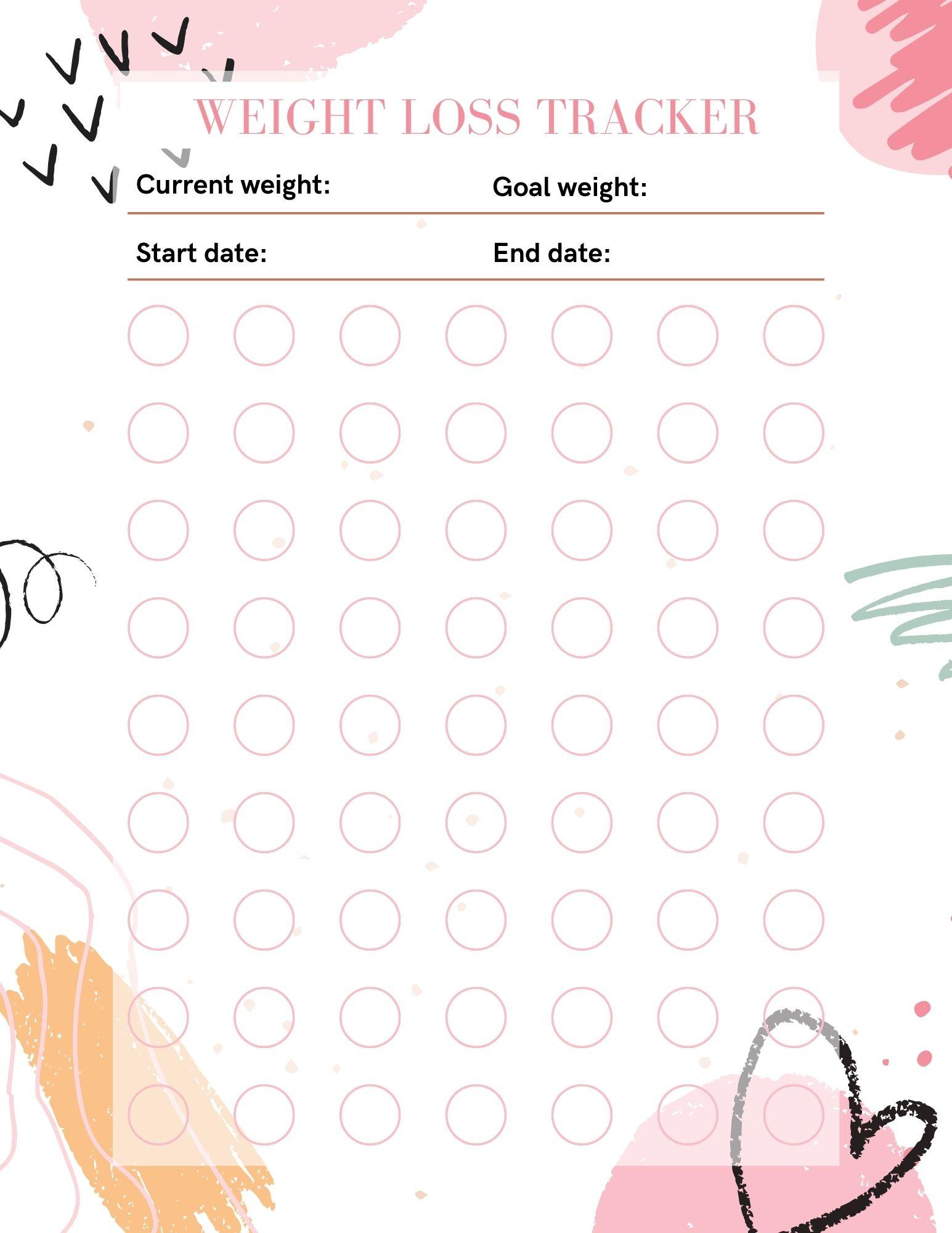 pink and yellow weight loss tracker with circles and hearts 