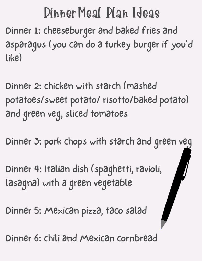 lazy girl dinner meal plan ideas on light purple paper
