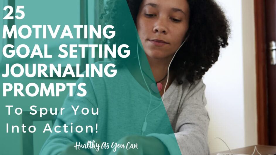 teal overlay white letters goal setting journaling prompts woman sitting at desk writing