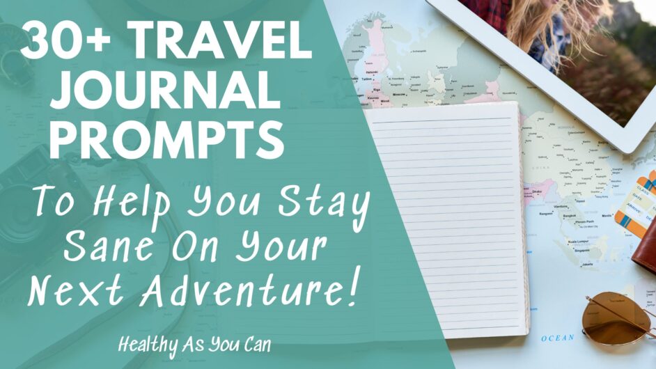 open journal on map with pictures sunglasses and camera around it