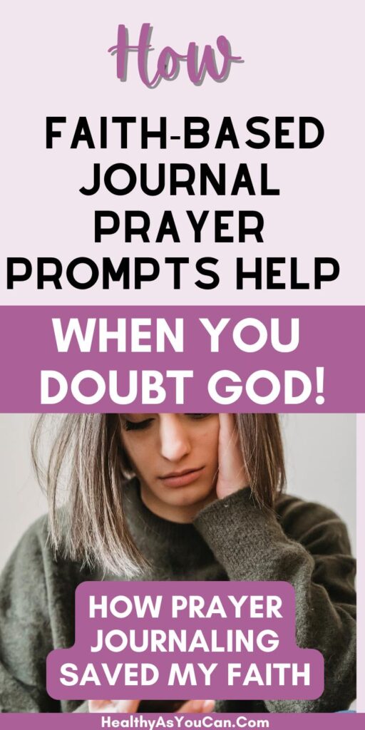 purple, black, and white letters saying Faith-Based Journal Prompts for a Closer Connection with God with picture of woman in background looking down