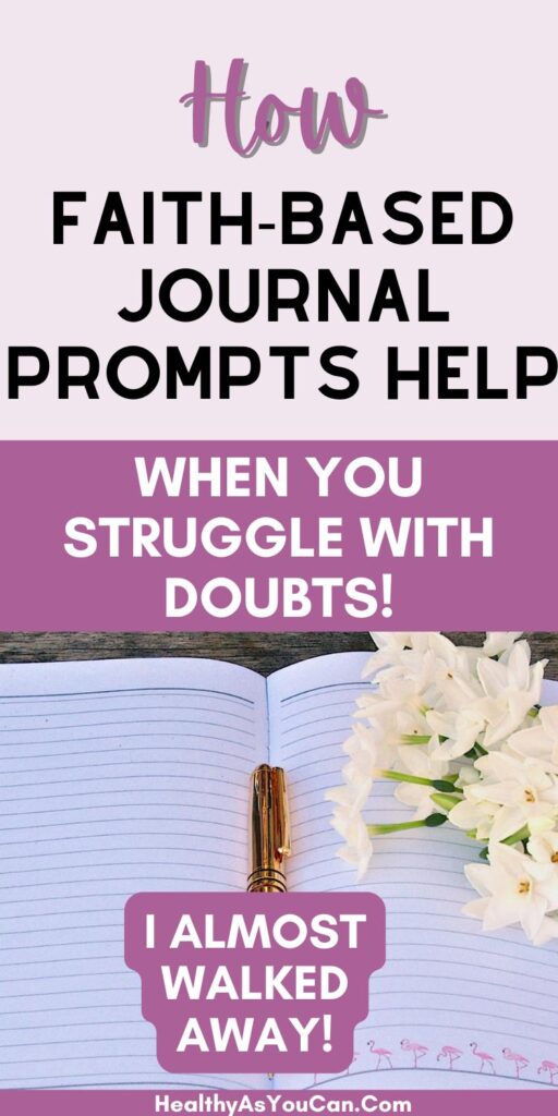 purple, black, and white letters saying Faith-Based Journal Prompts for a Closer Connection with God with picture of journal and pen in background