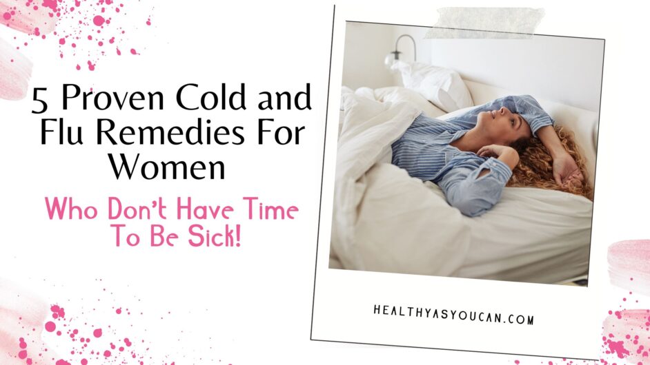 A sick woman with long brown hair lies in bed. image, a pink banner displays black text reading, 