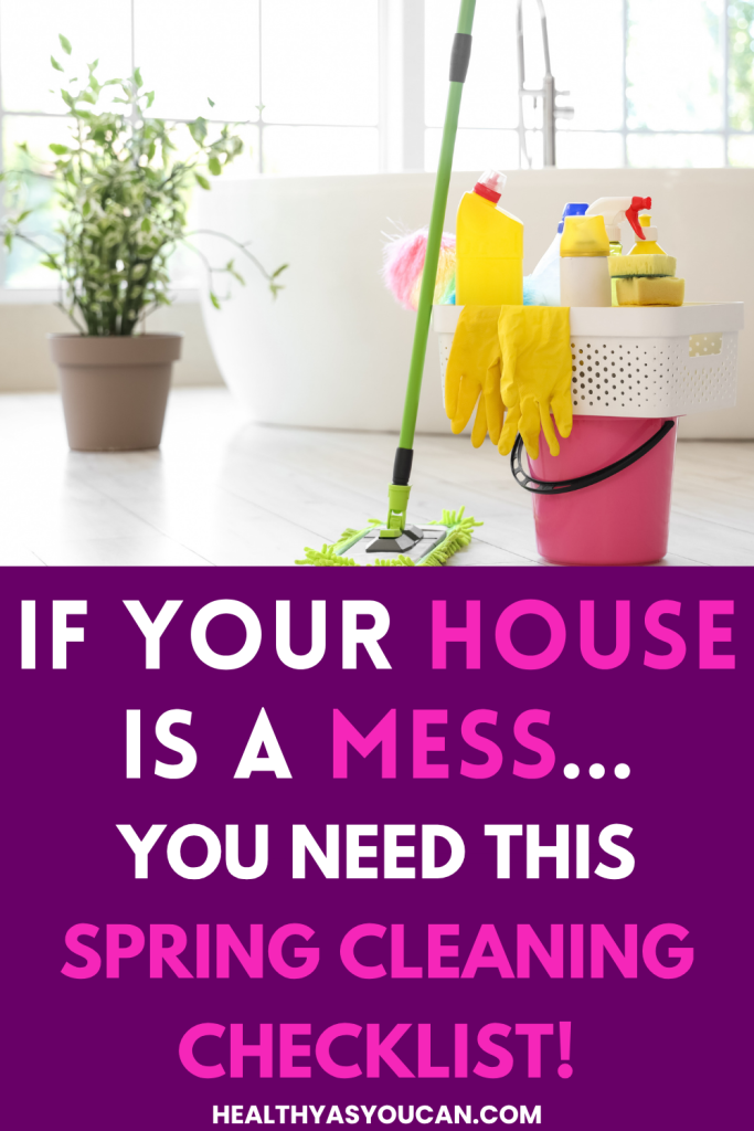 If your house is messy then you need this spring cleaning checklist in purple letters and bright pic of cleaning supplies